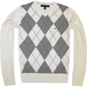 TOMMY HILFIGER Mens Argyle V-Neck Plaid Knit Sweater White/Grey/Navy - Swetry - $39.99  ~ 34.35€