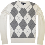 TOMMY HILFIGER Mens Argyle V-Neck Plaid Knit Sweater White/Grey/Navy - Pullovers - $28.99 