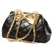 TRINA Golden Bow Black Diamond Quilted Clasp Closure Purse Satchel Handbag w/Detachable Shoulder Chain - Hand bag - $25.50 