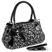 TWEED Black & White Floral w/Bow Satchel Bowler Hobo Handbag Purse Weave Double Handles - Hand bag - $29.99 