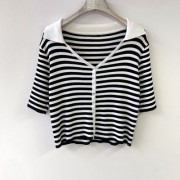 Temperament striped lapel black and white striped V-neck short top - Shirts - $21.99 
