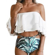 Tempt Me Women Two Piece Off Shoulder Ruffled Flounce Crop Bikini Top With Print Cut Out Bottoms - Fato de banho - $17.68  ~ 15.19€