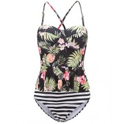 Tempt Me Women Two Piece Vintage Palm Pineapple Peplum Floral Printed Skirted Padded Tankini with High Waisted Stripe Bottoms - Fato de banho - $16.99  ~ 14.59€