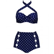 Tempt Me Women Two Pieces Anchor Printed Halter Bikini with High Waist Buttoned Bottoms - Badeanzüge - $15.99  ~ 13.73€
