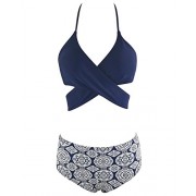 Tempt Me Women Two Pieces V Neckline Criss Cross Floral Printed High Waisted Bikini Sets - 泳衣/比基尼 - $16.99  ~ ¥113.84