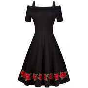Tempt Me Womens Black Vintage Off Shoulder Straps Short Sleeve Applique Cocktail Swing Dress - Dresses - $27.99 