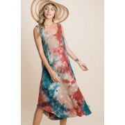 Tie Dye Ribbed Brush Sleeveless Flowy Asymmetrical Hem Midi Dress - Dresses - $41.25 