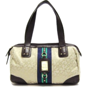 Tommy Hilfiger Leeds Logo Satchel Handbag in Beige; Green and Navy Blue Stripe (TH HANDBAGS, PURSES, BAGS) - Hand bag - $74.98 