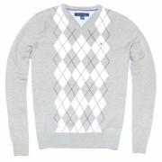 Tommy Hilfiger Men Logo Argyle V-neck Sweater Pullover Grey/off white - Пуловер - $44.99  ~ 38.64€