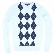 Tommy Hilfiger Men Logo Argyle V-neck Sweater Pullover Light Blue/Navy - Пуловер - $44.99  ~ 38.64€