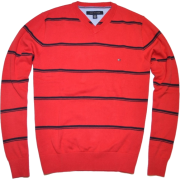 Tommy Hilfiger Men Striped Logo V-Neck Sweater Pullover Red/Navy - Jerseys - $39.99  ~ 34.35€
