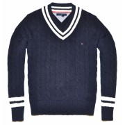 Tommy Hilfiger Men V-neck Cable Knit Sweater Pullover Navy/White - Пуловер - $69.99  ~ 60.11€