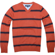 Tommy Hilfiger Men V-neck Striped Logo Sweater Pullover Chestnut/navy - Pullovers - $39.99 