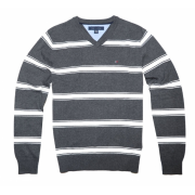 Tommy Hilfiger Men V-neck Striped Logo Sweater Pullover Dark Grey/White - Пуловер - $39.99  ~ 34.35€