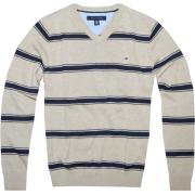 Tommy Hilfiger Men V-neck Striped Logo Sweater Pullover Khaki/Navy - Pullovers - $39.99 