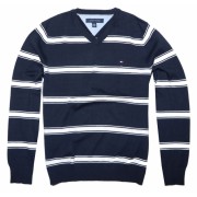 Tommy Hilfiger Men V-neck Striped Logo Sweater Pullover Navy/White - Пуловер - $39.99  ~ 34.35€