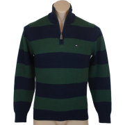 Tommy Hilfiger Mens 1/4 Zip Striped Cardigan Logo Sweater Green/Navy - Swetry - $59.99  ~ 51.52€