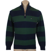 Tommy Hilfiger Mens 1/4 Zip Striped Cardigan Logo Sweater Green/Navy - Pullovers - $59.99 