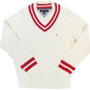 Tommy Hilfiger Mens Long Sleeve Cable Knit V-Neck Pullover Sweater Cream/Red - Pullover - $89.99  ~ 77.29€