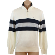 Tommy Hilfiger Mens Long Sleeve Striped 1/4 Zip Pullover Sweater Off-White/Navy/Gray - Maglioni - $64.99  ~ 55.82€