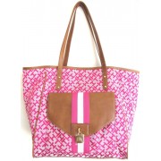 Tommy Hilfiger TH Lock Logo Charm Large Tote Handbag with Flap pocket, Pink - Hand bag - $79.98 