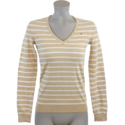 Tommy Hilfiger Women Logo V-Neck Striped Pullover Sweater Beige/White - Pullover - $44.99  ~ 38.64€