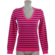 Tommy Hilfiger Women Logo V-Neck Striped Pullover Sweater Dark Pink/Navy - Пуловер - $44.99  ~ 38.64€