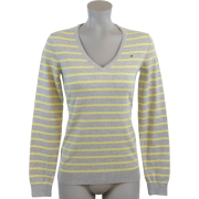 Tommy Hilfiger Women Logo V-Neck Striped Pullover Sweater Gray/Yellow - Pullover - $44.99  ~ 38.64€