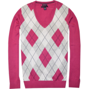 Tommy Hilfiger Women Logo V-Neck Sweater Pullover Strong pink/gray/white - Swetry - $39.98  ~ 34.34€