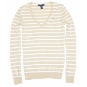 Tommy Hilfiger Women V-neck Striped Logo Sweater Pullover Camel/White - Пуловер - $32.99  ~ 28.33€