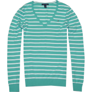 Tommy Hilfiger Women V-neck Striped Logo Sweater Pullover Caribbean green/white - Пуловер - $32.99  ~ 28.33€