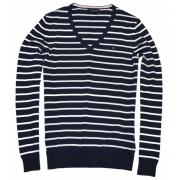 Tommy Hilfiger Women V-neck Striped Logo Sweater Pullover Navy/White - Maglioni - $32.99  ~ 28.33€