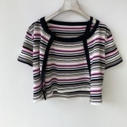 Two-piece knitted sling suit Korean striped short-sleeved T-shirt - Shirts - $23.99 