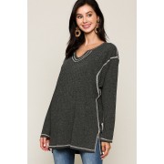 Two-tone Rib Tunic Top With Side Slits - Long sleeves shirts - $25.74 