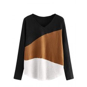 Verdusa Women's Color Block V Neck Long Sleeve Textured Tee Top - Shirts - $15.99 