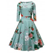 V fashion Women's 50s Long Sleeves Vintage Floral Swing Party Dress Spring Garden Tea Dress with Defined Waist Design - Dresses - $26.98 