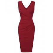 Vinmatto Women's Vintage Sleeveless Double V Neck Pleated Slim Business Pencil Dress - ワンピース・ドレス - $39.99  ~ ¥4,501