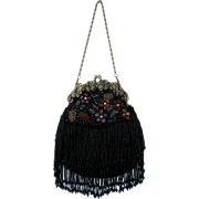 Vintage Flowers Seed Bead Flapper Clutch Evening Handbag, Clasp Purse w/Hidden Chain Black - Hand bag - $39.99 