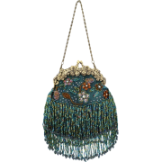 Vintage Flowers Seed Bead Flapper Clutch Evening Handbag, Clasp Purse w/Hidden Chain Green - Hand bag - $39.99 