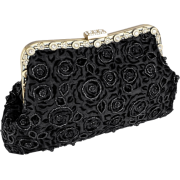 Vintage Victorian Rose Handmade Seed Beaded Rhinestones Closure Oversized Clutch Evening Bag Handbag Purse w/2 Hidden Shoulder Chains Black - Hand bag - $49.50 