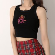 Vintage Dragon Embroidery Lace Trim Vest Top - Shirts - $25.99 