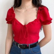 Vintage Lace-up Square Collar Palace Sleeve Short Sleeve Top - Košulje - kratke - $28.99  ~ 184,16kn