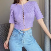 Vintage Round Neck Single-Breasted Slit Short Cropped Five-Sleeve Pearl Button K - Košulje - kratke - $27.99  ~ 177,81kn