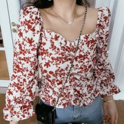 Vintage Square Collar Floral Ruffled Mid-Sleeve Short Shirt Top - Camisas - $27.99  ~ 24.04€