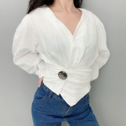 Vintage V-neck Lantern Sleeve White Shir - Košulje - kratke - $27.99  ~ 177,81kn