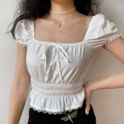 Vintage White Lace Trim Collar Short Sleeve Shirt Women Puff Sleeve Shirtt - Košulje - kratke - $26.99  ~ 171,46kn