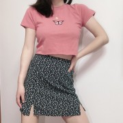 Vintage pink butterfly embroidery round neck high waist short sleeve T-shirt - Košulje - kratke - $25.99  ~ 165,10kn