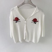 Vintage rose embroidered knitted short-sleeved top T-shirt - Shirts - $19.99 