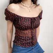 Vintage rose print drawstring see-through mesh puff sleeve cute top - Košulje - kratke - $25.99  ~ 165,10kn