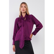 Violet Satin Long Sleeve Tie-neck Blouse Top - Long sleeves shirts - $24.75 